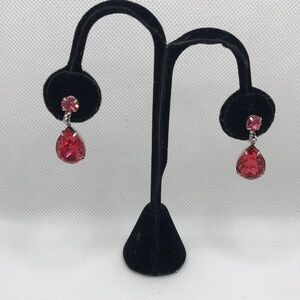 Vintage 1940s  Coro Pink Red Earrings Dangle Teardrop Screw Back Silver Tone